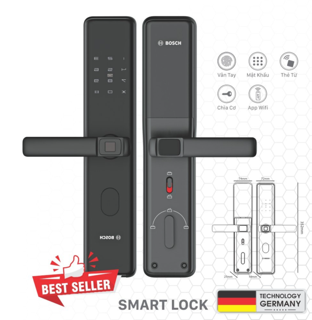 khóa vân tay bosch ID30 EU mở bằng vân tay, thẻ từ, mật khẩu, chìa cơ - khoavantaychinhhang.com