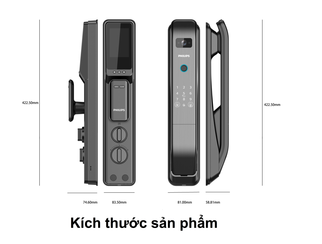 kích thước khóa cửa vân tay Philips DDL303-VP - khoavantaychinhhang.com
